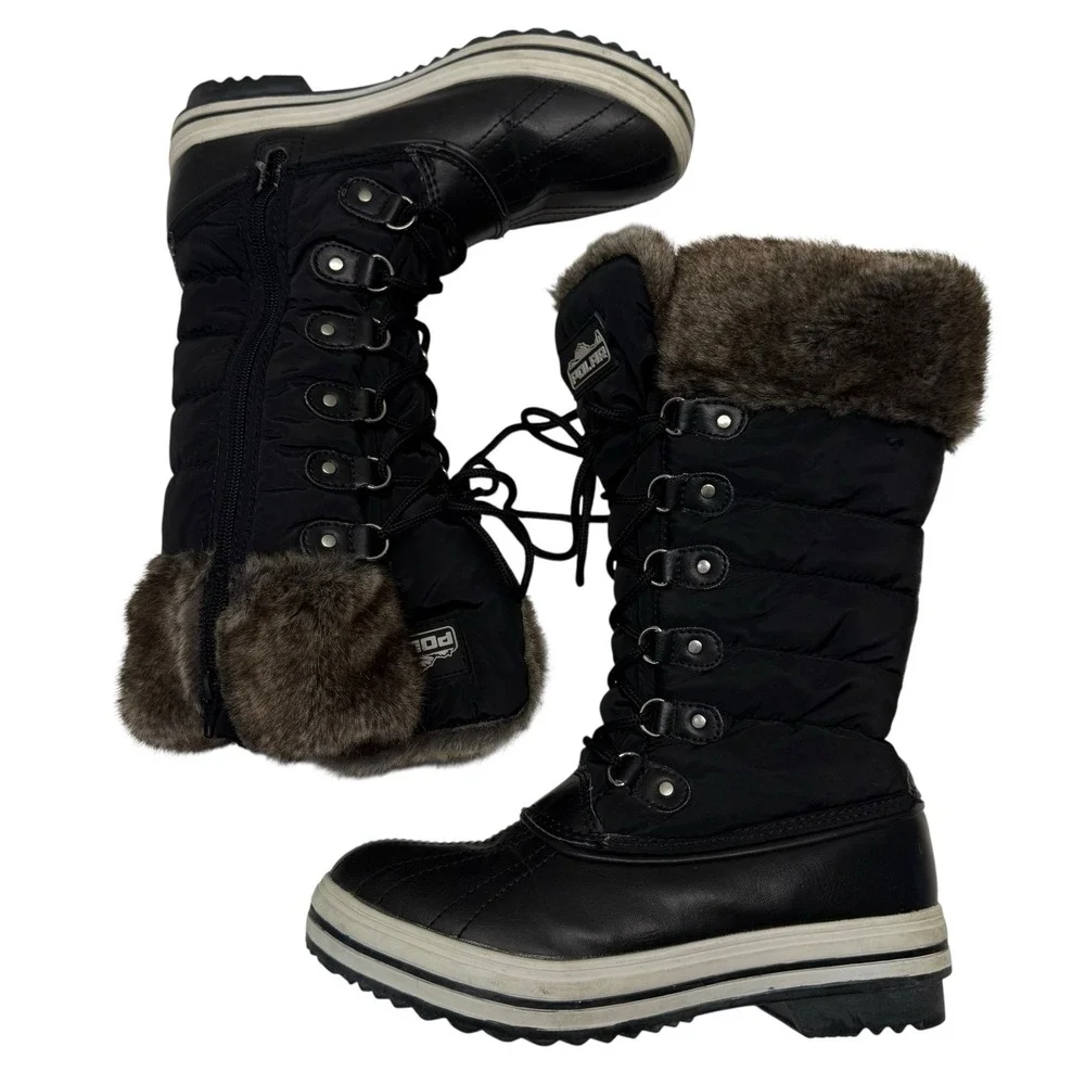 Polar Black Brown Quilted Faux Fur Mid Calf Waterproof Winter Boots‎ Sz 6 S5